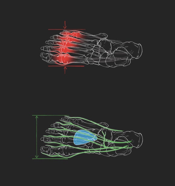 プロロードレースにおいて最多勝利を収めるスペシャライズドのS-Worksロードシューズに、最新モデルS-Works Torchが登場。のサブ画像13_（上）中足骨のサポートなし（下）Body Geometry中足骨ボタンあり
