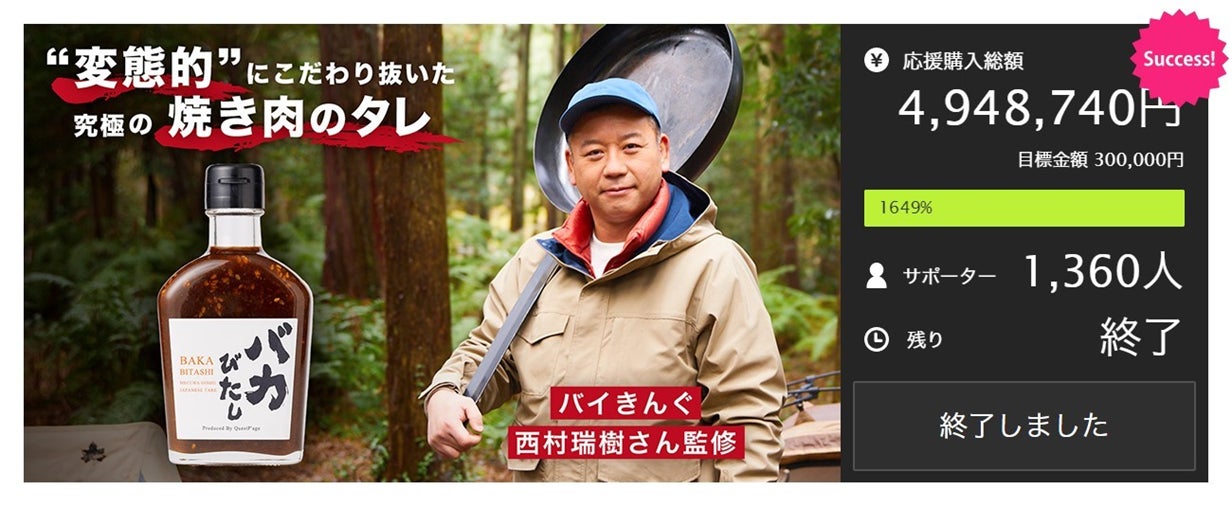 【タレないタレ？！】Makuake史上、最も売れた焼肉のタレ『バカびたし』新発売！ のサブ画像2_バカびたしのMakuake結果