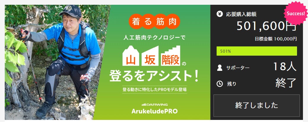 【Makuakeで501％達成！】人工筋肉テクノロジーで山・坂・階段を登りやすく！着る筋肉「DARWING ArukeludePRO（ダーウィン アルケルデプロ）」が一般販売開始！のサブ画像1