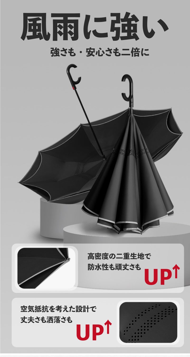 【日本初上陸記念！100セット限定50%オフ】サイズは脅威の130cm、二重構造で強風にも強い圧倒的な耐久力を持つ多機能な逆さ傘「GeeBrella Ultra」クラウドファンディング開始のサブ画像8