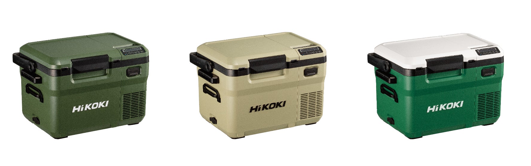 電動工具ブランド「HiKOKI(ハイコーキ)」　冷凍、冷蔵、保温が同時にできる36Lの大容量モデルと10.5Lのコンパクトモデルの「コードレス冷温庫」が登場！のサブ画像2_（左から）フォレストグリーン、サンドベージュ、アグレッシブグリーン