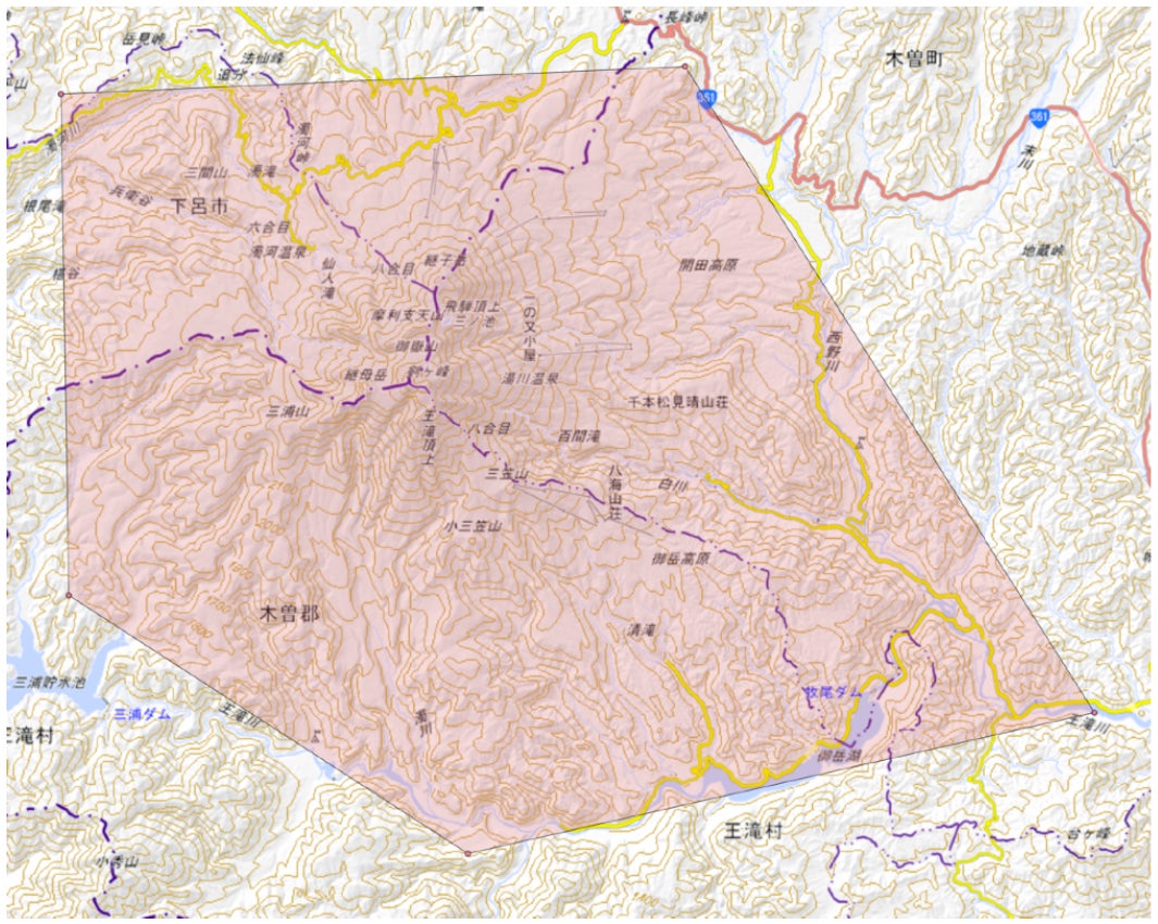 登山地図アプリ「ヤマレコ」、御嶽山において、火山災害から登山者を守るための実証実験を開始のサブ画像6_情報配信の範囲定義（実証実験時）