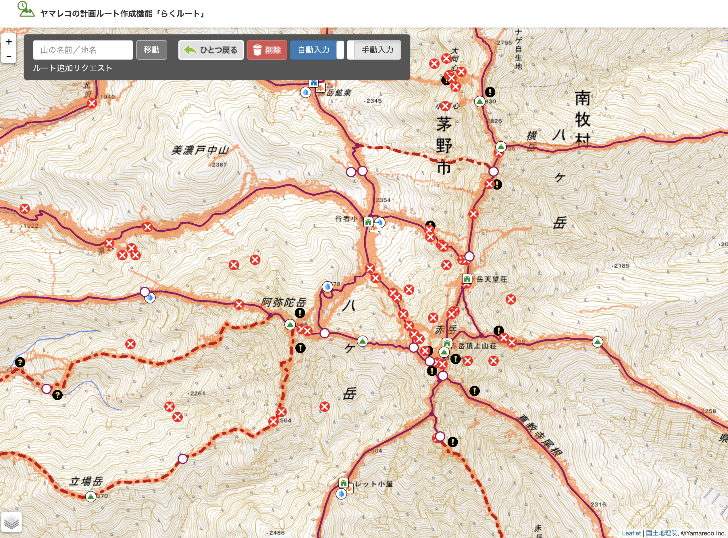 【日本初】登山アプリのナビゲーション機能に革命！分岐前にお知らせする「音声ガイド」をリリース！のサブ画像4_計画機能「らくルート」　赤い線が登録されているルート