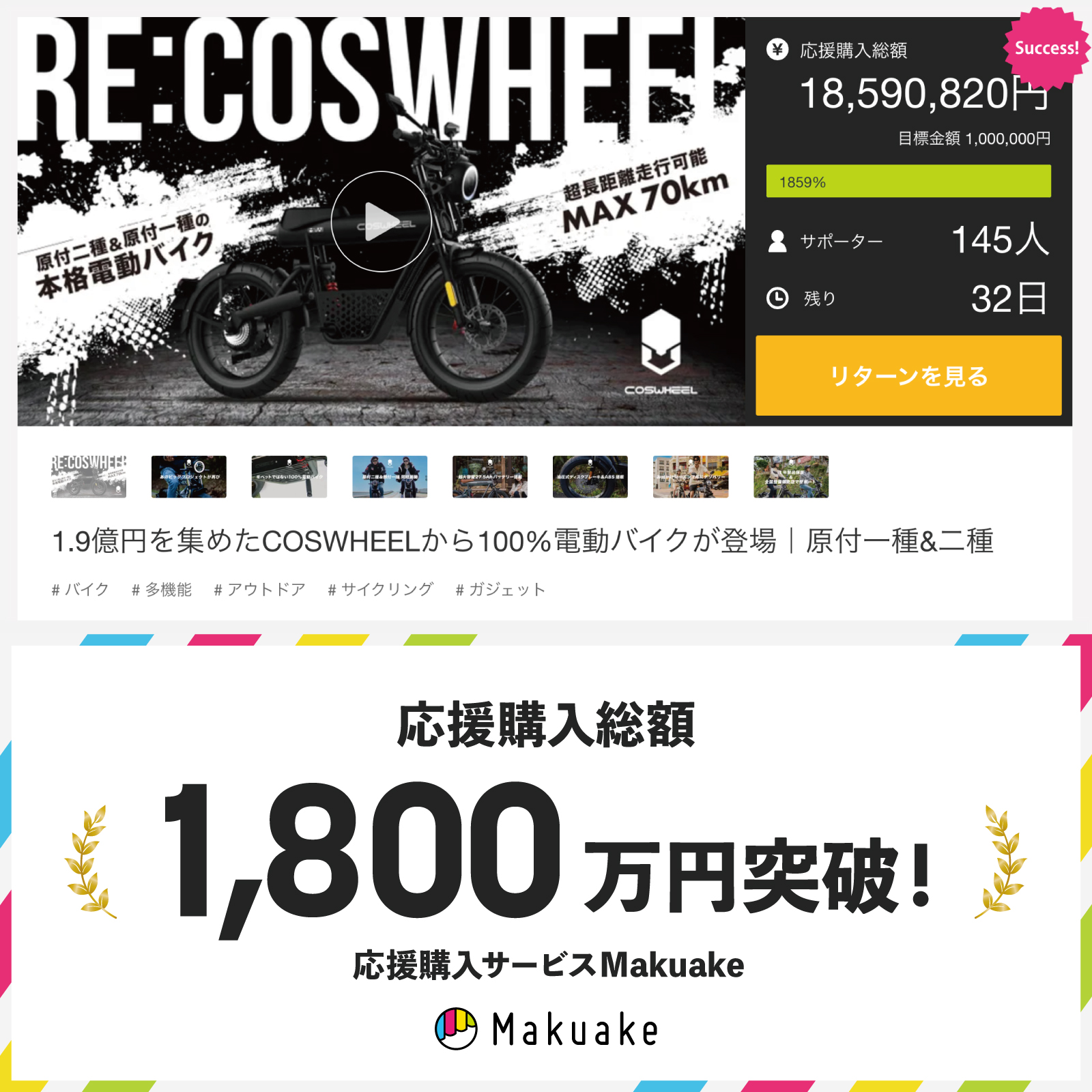 COSWHEEL MIRAI1000とMIRAI500 電動バイク 原付二種1000Wと原付一種500W新機種 Makuake応援購入額1,800万円突破！のサブ画像1