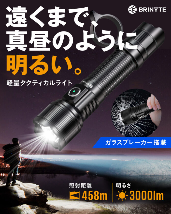 【458m先まで照らす驚異の明るさ】3000lmで超タフネス。グローバル採用の軽量防水ライト！Brinyte日本初上陸。のメイン画像