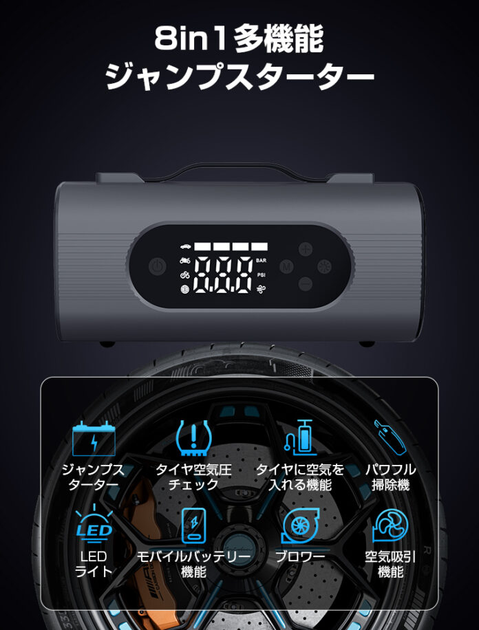 【新発売】28000mAh大容量！8in1多機能ジャンプスターター登場 クルマのトラブルからアウトドア、防災まで――これ一台。のメイン画像